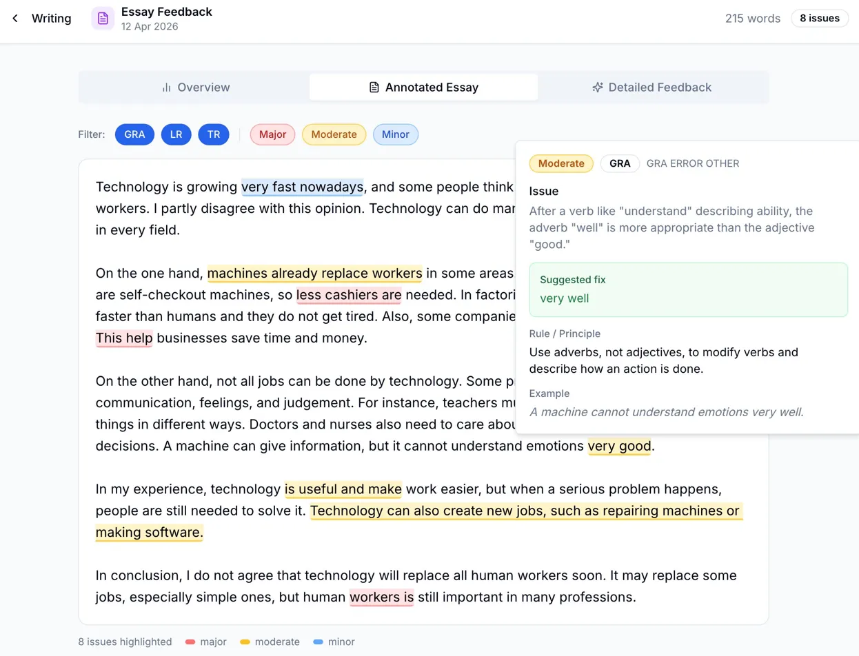 Essay feedback interface showing color-coded errors