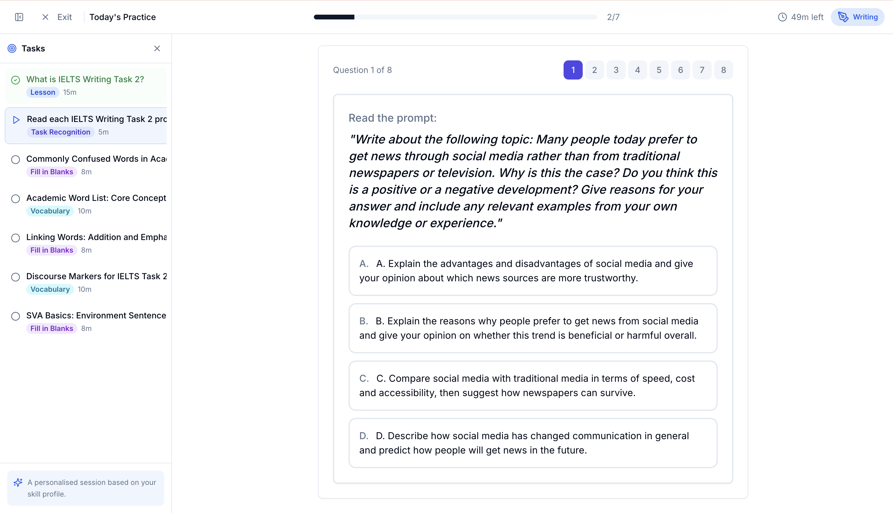 Practice interface with personalized tasks